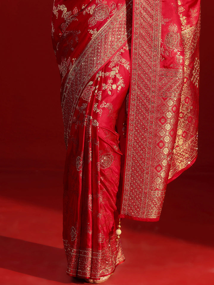 Libas Art Red Woven Design Stone Work Satin Saree