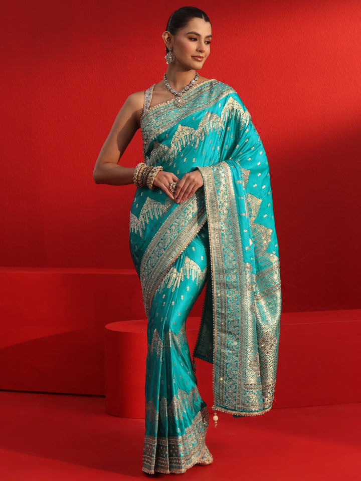 Libas Art Blue Woven Design Stone Work Satin Saree
