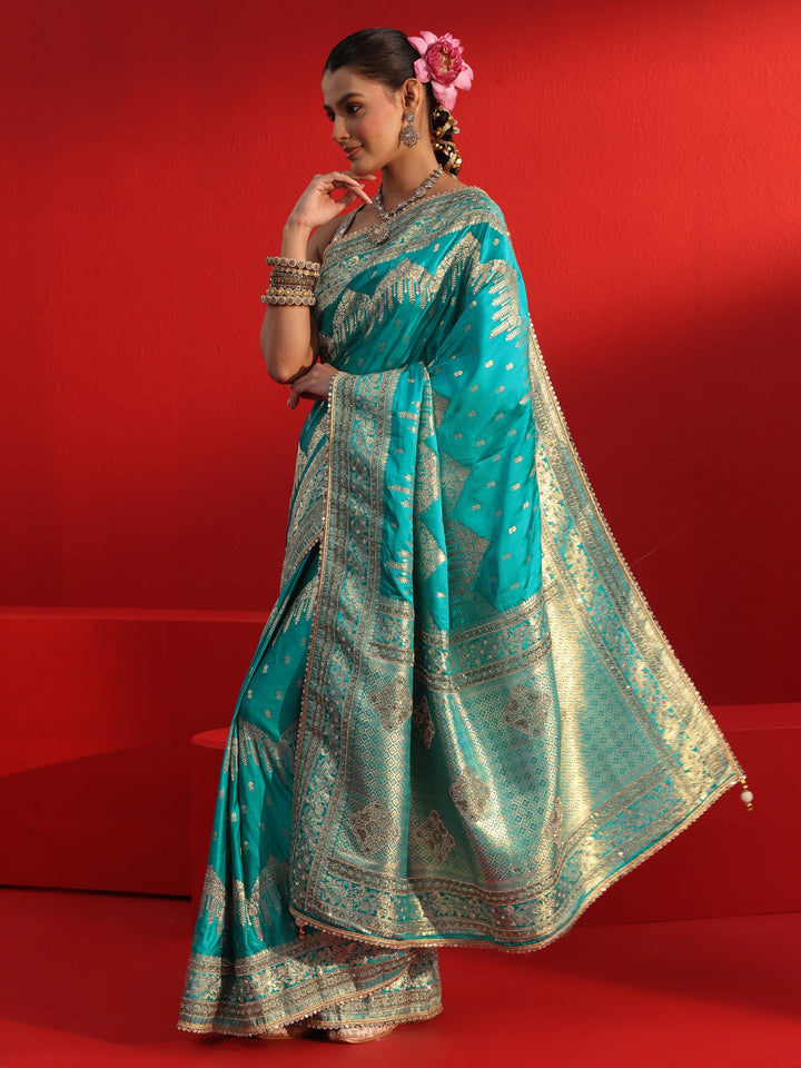 Libas Art Blue Woven Design Stone Work Satin Saree