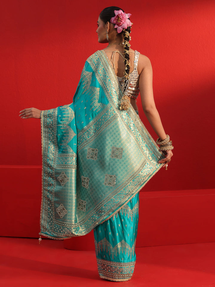 Libas Art Blue Woven Design Stone Work Satin Saree