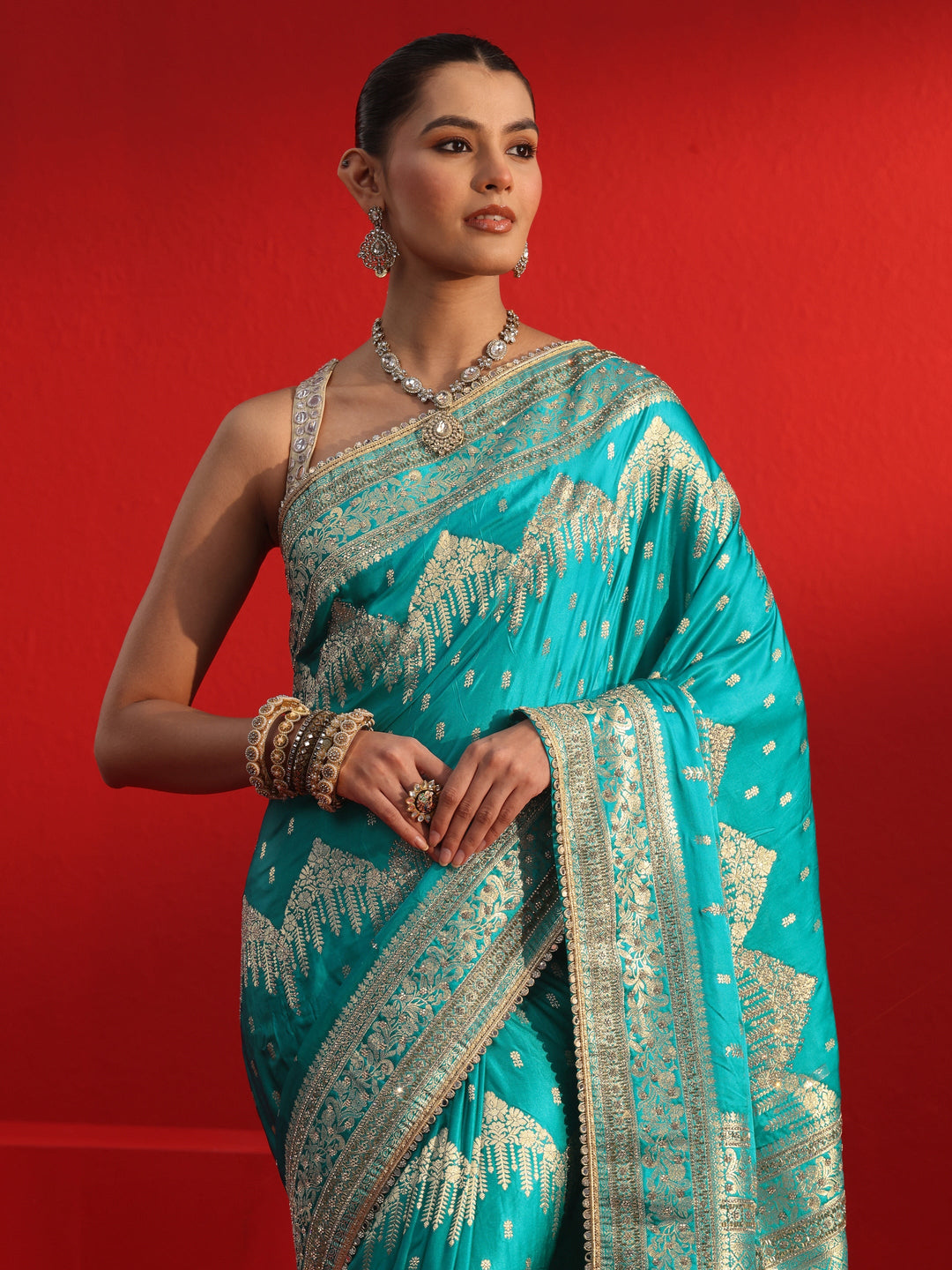 Libas Art Blue Woven Design Stone Work Satin Saree