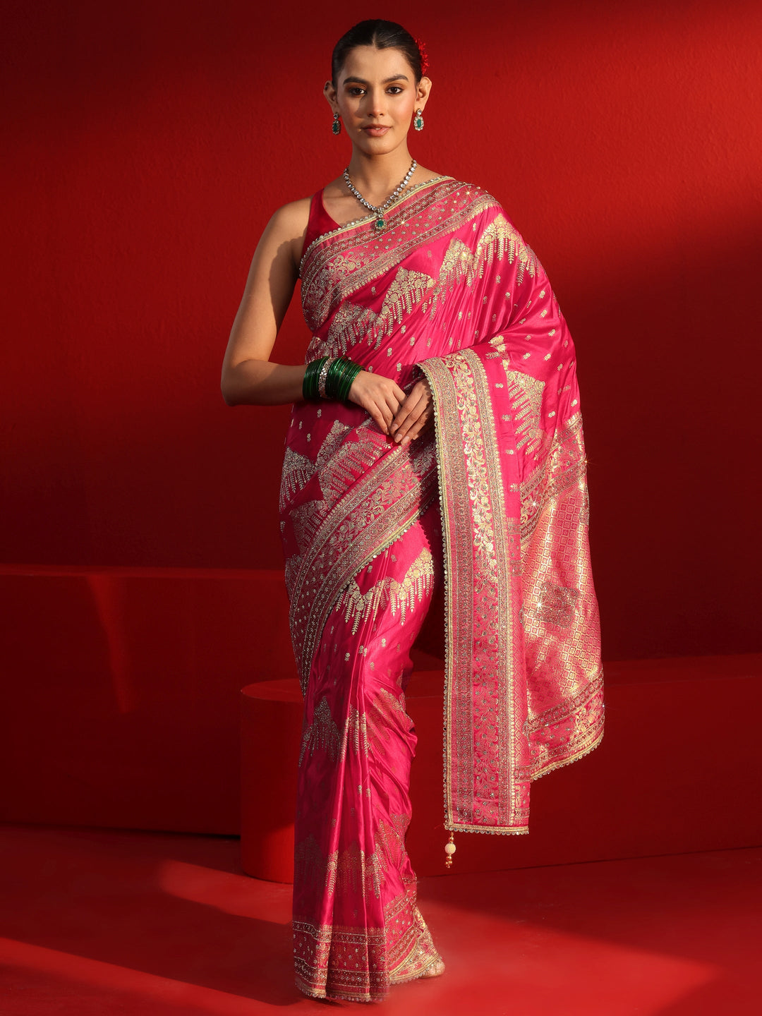 Libas Art Pink Woven Design Stone Work Satin Saree
