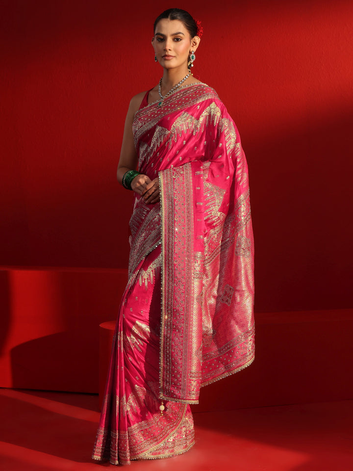 Libas Art Pink Woven Design Stone Work Satin Saree