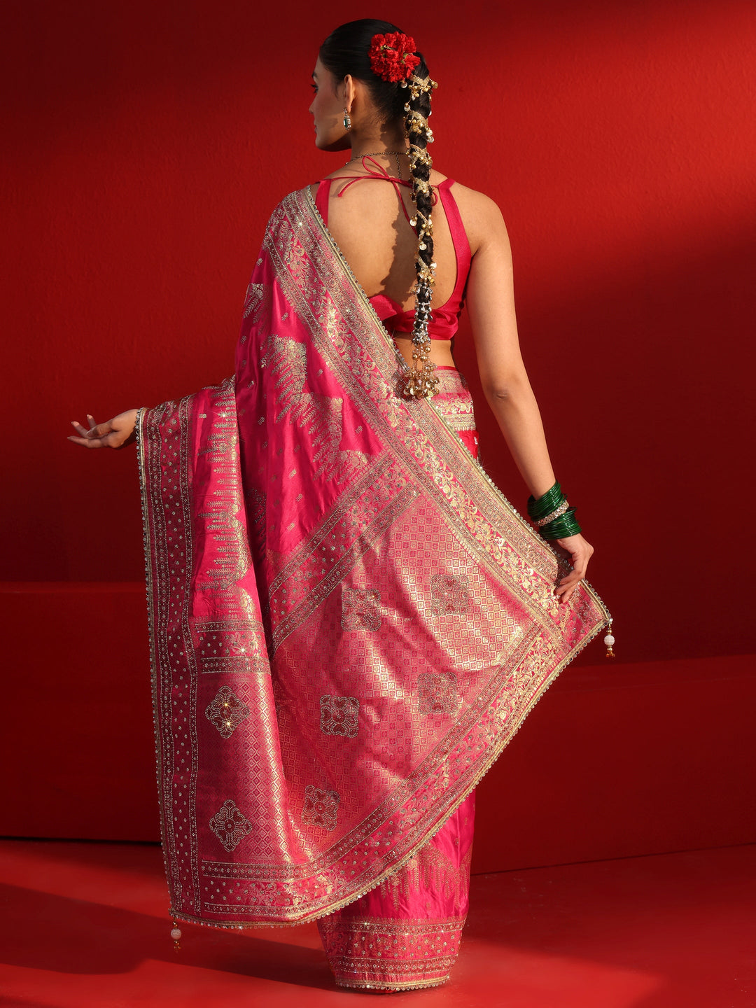 Libas Art Pink Woven Design Stone Work Satin Saree