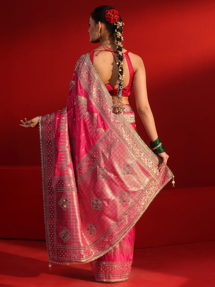Libas Art Pink Woven Design Stone Work Satin Saree