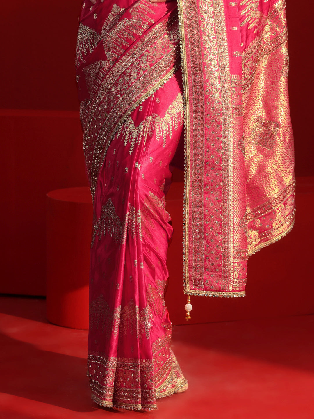 Libas Art Pink Woven Design Stone Work Satin Saree