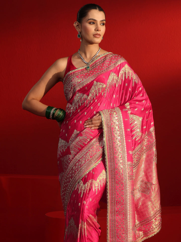 Libas Art Pink Woven Design Stone Work Satin Saree