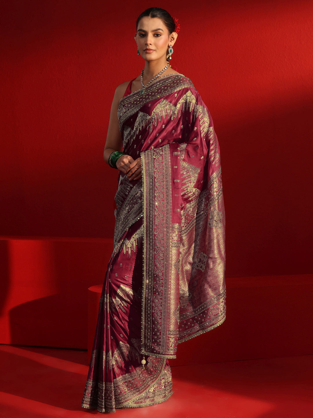 Libas Art Maroon Woven Design Stone Work Satin Saree
