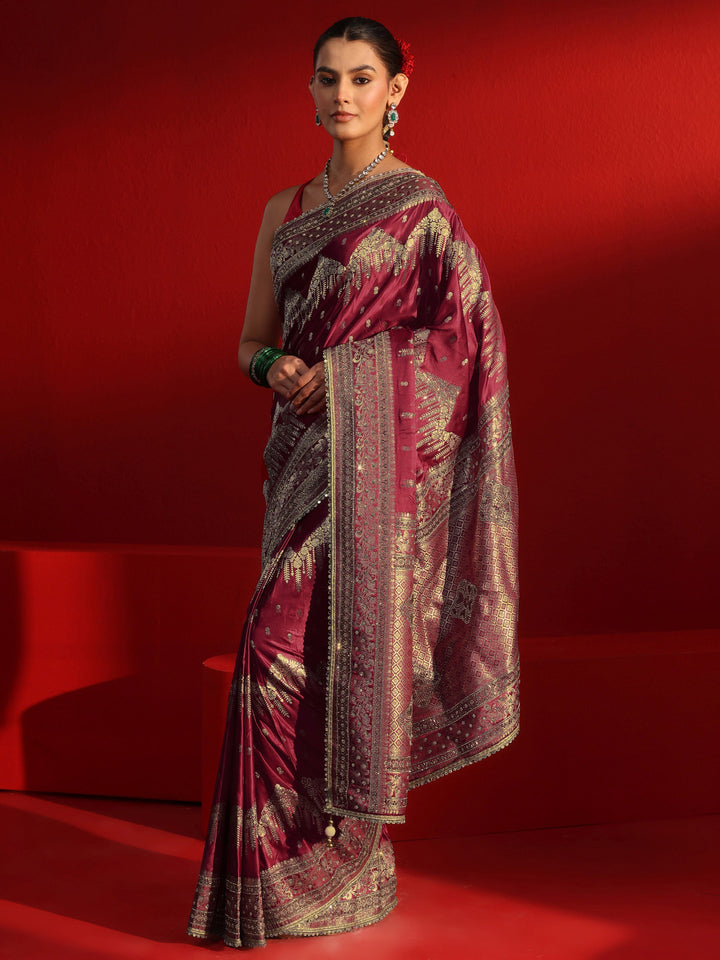 Libas Art Maroon Woven Design Stone Work Satin Saree