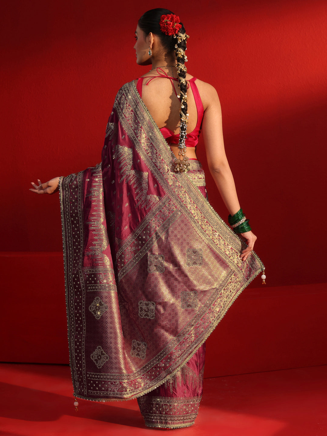 Libas Art Maroon Woven Design Stone Work Satin Saree