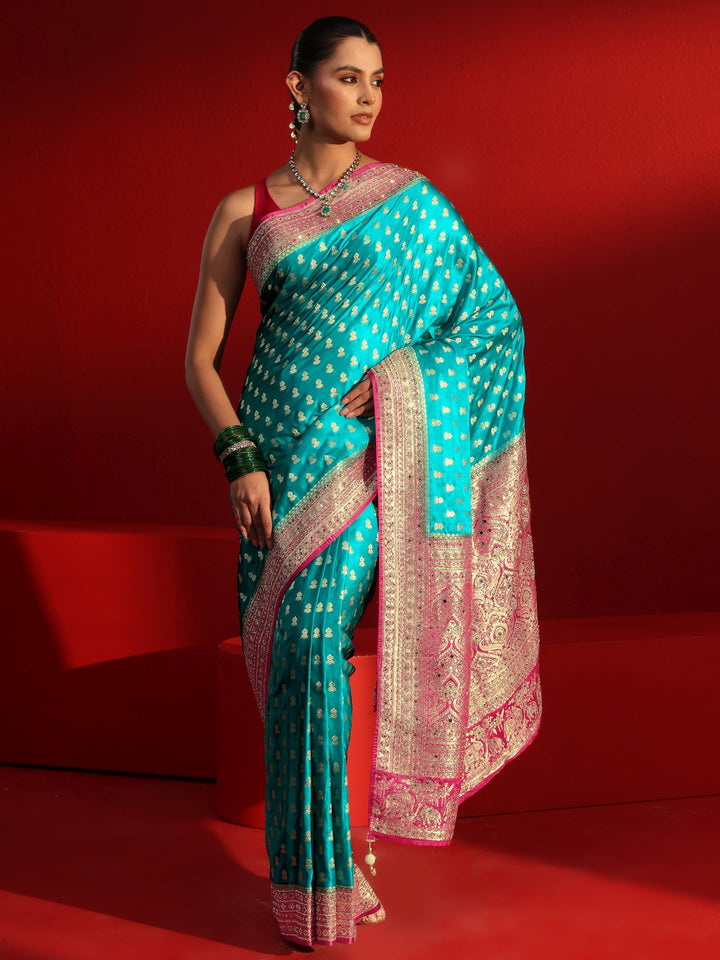 Libas Art Blue and Red Woven Design Stone Work Satin Saree