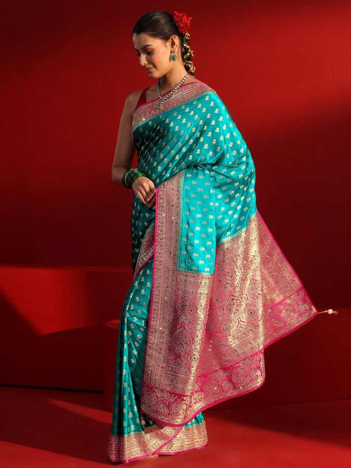 Libas Art Blue and Red Woven Design Stone Work Satin Saree