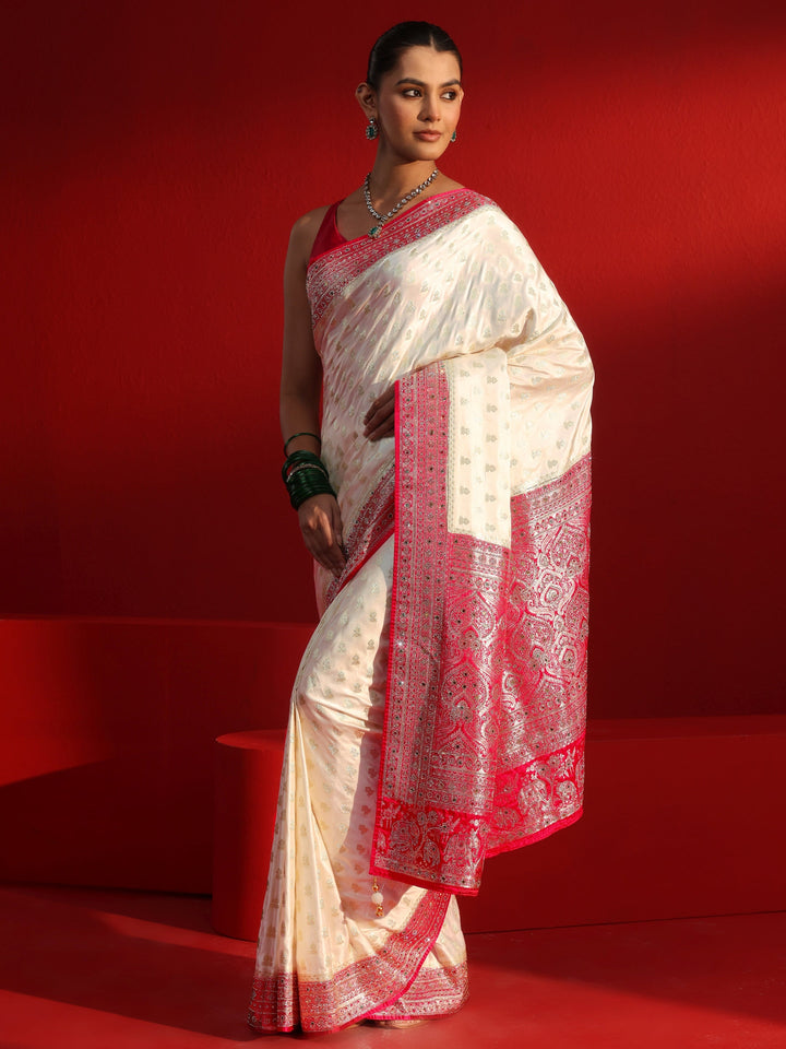 Libas Art Off White and Red Woven Design Stone Work Satin Saree