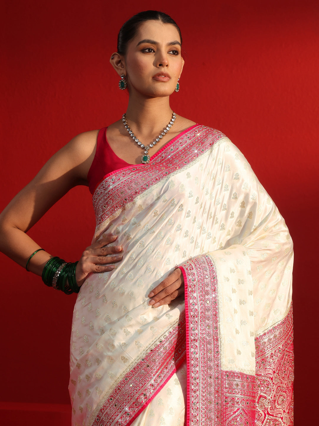 Libas Art Off White and Red Woven Design Stone Work Satin Saree