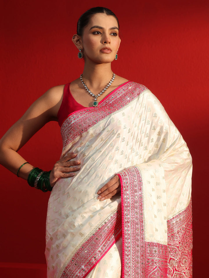 Libas Art Off White and Red Woven Design Stone Work Satin Saree