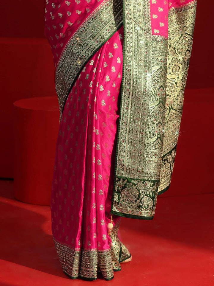 Libas Art Pink and Green Woven Design Stone Work Satin Saree