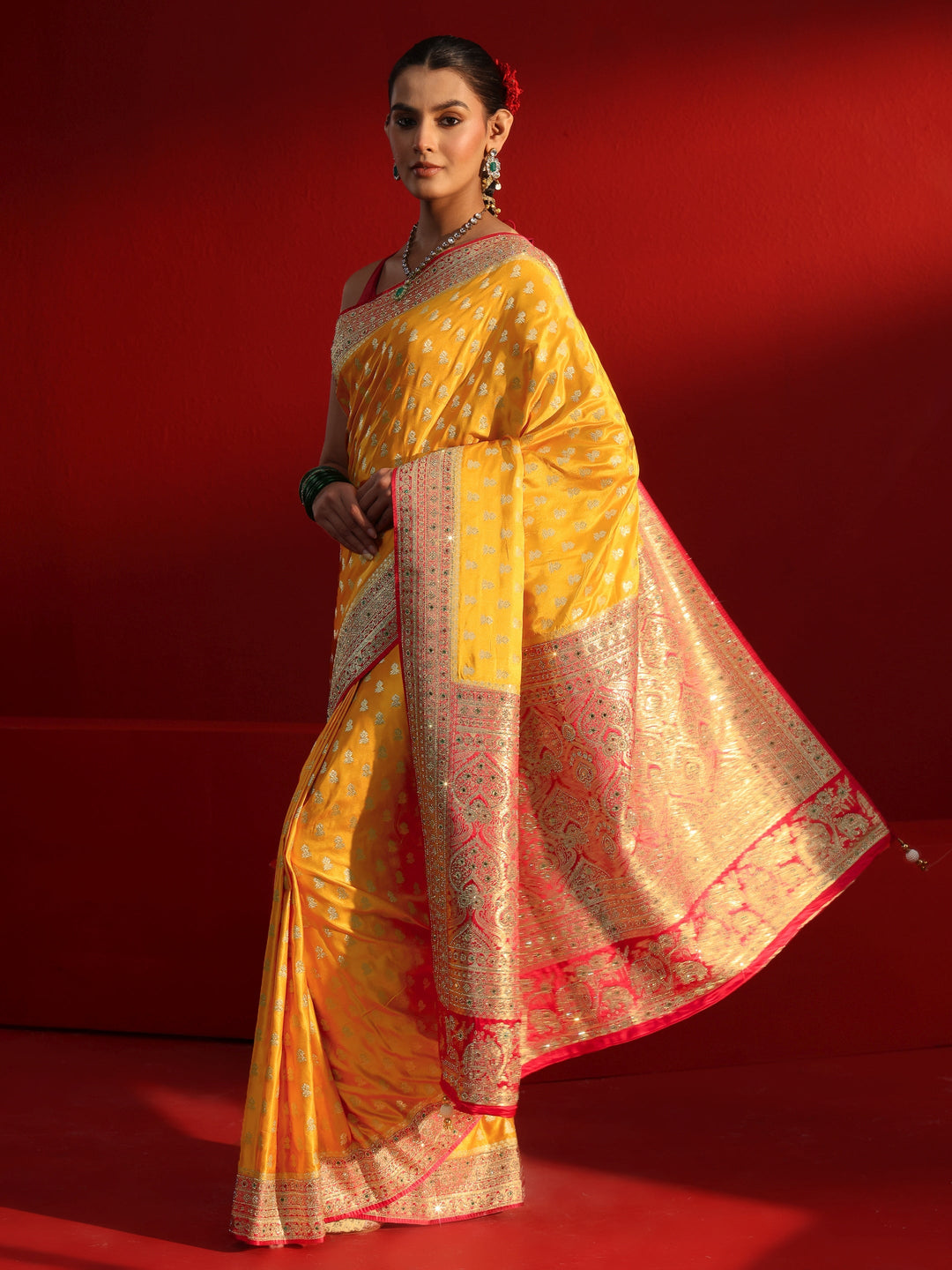 Libas Art Mustard and Red Woven Design Stone Work Satin Saree