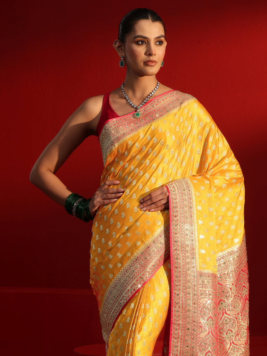 Libas Art Mustard and Red Woven Design Stone Work Satin Saree