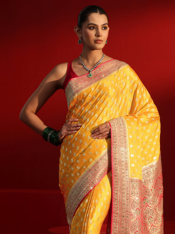 Libas Art Mustard and Red Woven Design Stone Work Satin Saree