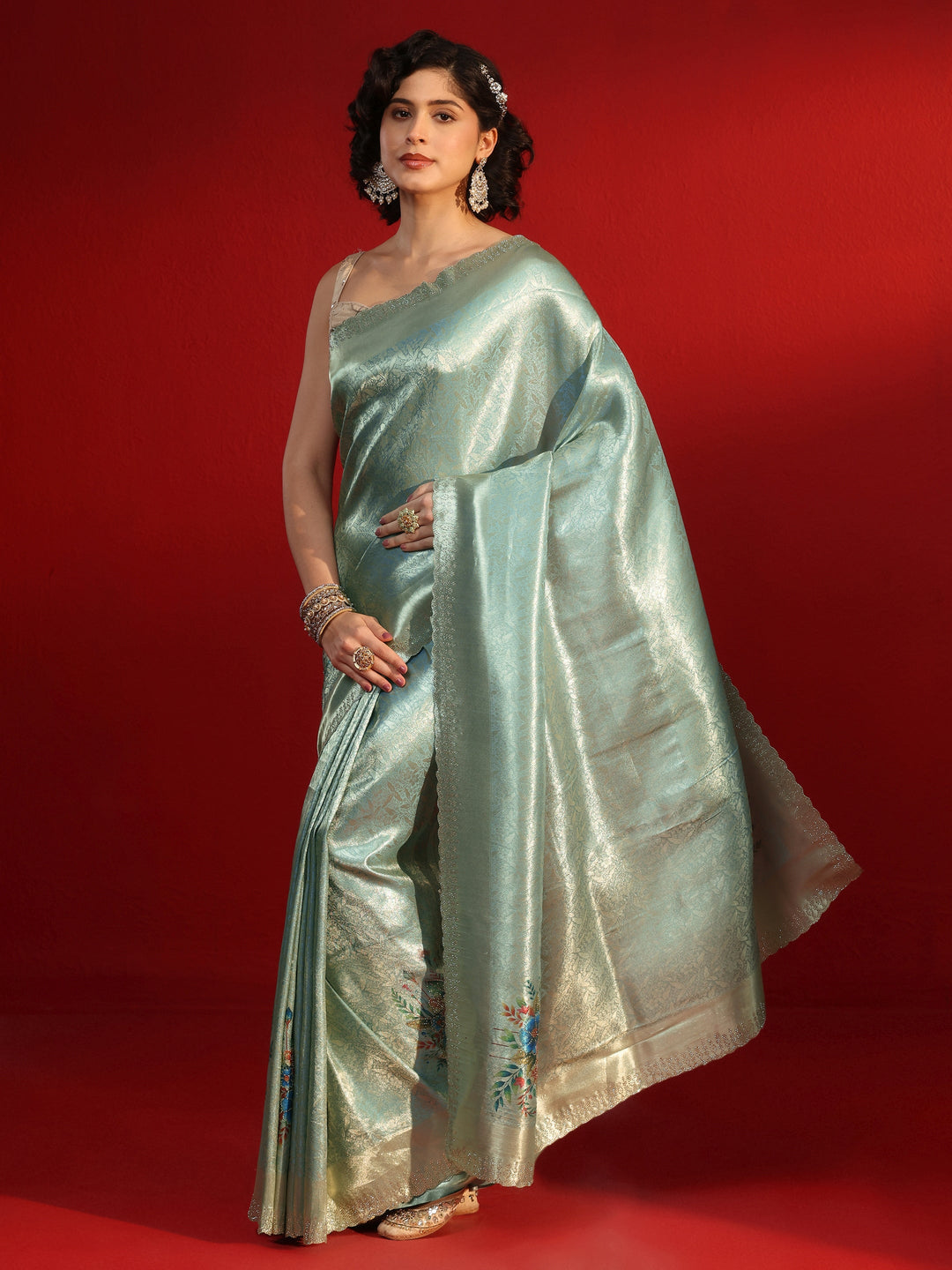 Libas Blue Woven Design Silk Blend Saree with Embellished Border