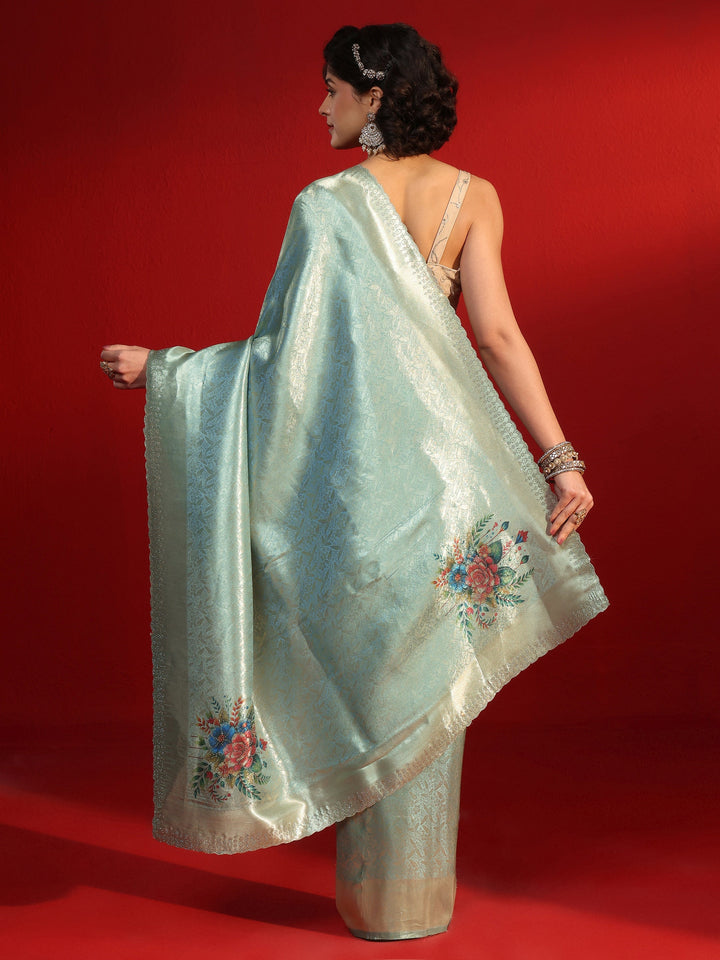 Libas Blue Woven Design Silk Blend Saree with Embellished Border