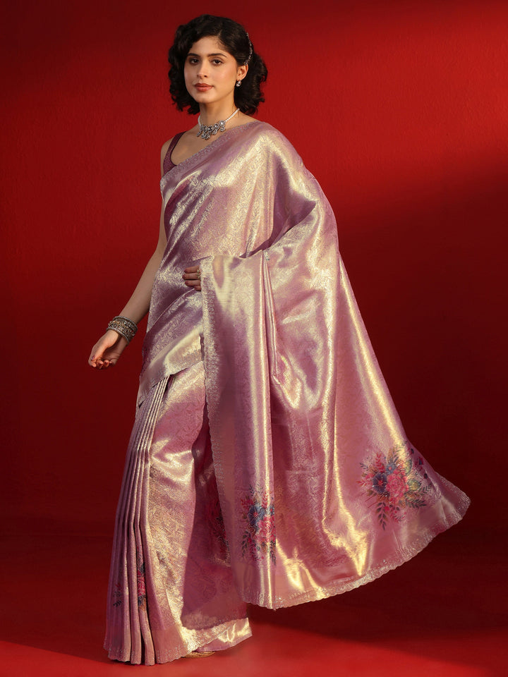 Libas Lavender Woven Design Silk Blend Saree with Embellished Border