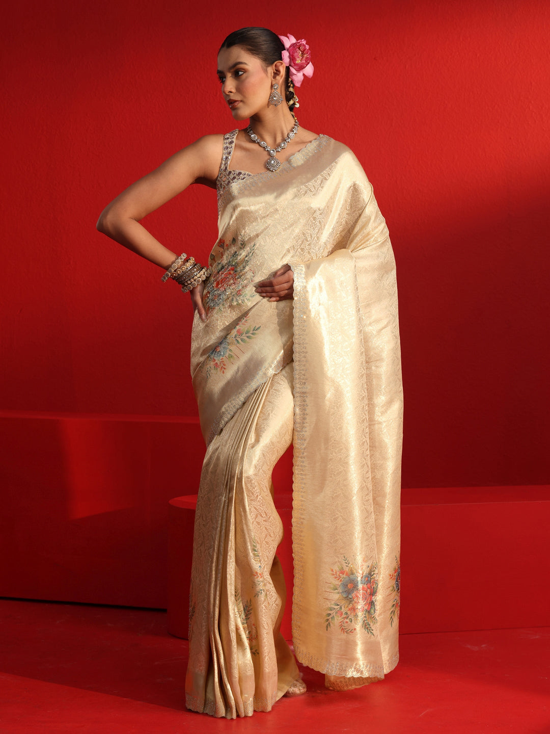 Libas Golden Woven Design Silk Blend Saree with Embellished Border