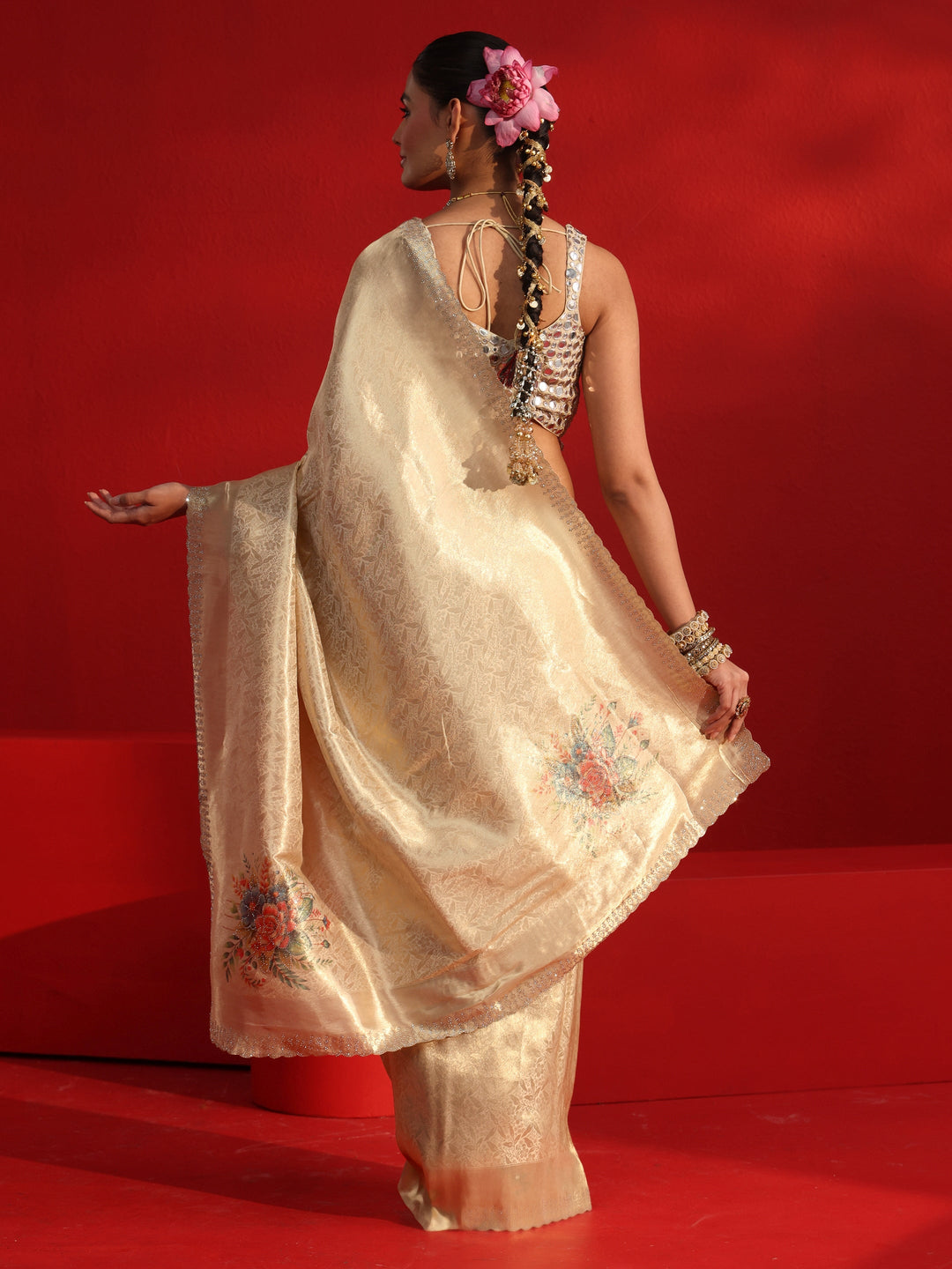 Libas Golden Woven Design Silk Blend Saree with Embellished Border