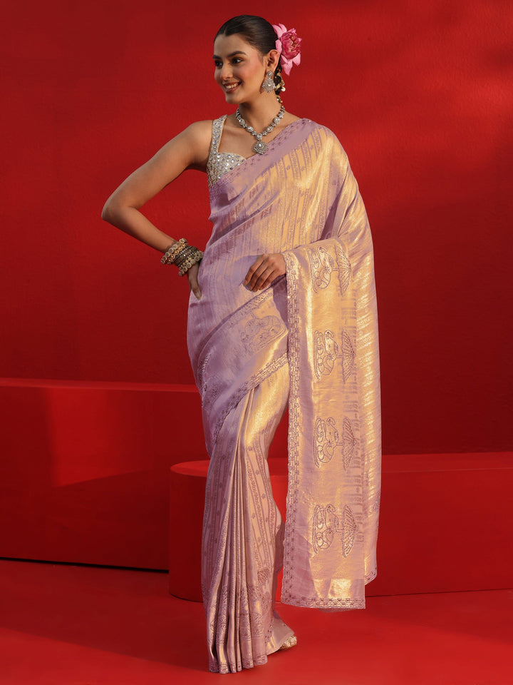 Libas Art Lavender Woven Design Silk Blend Saree with Embellished Border