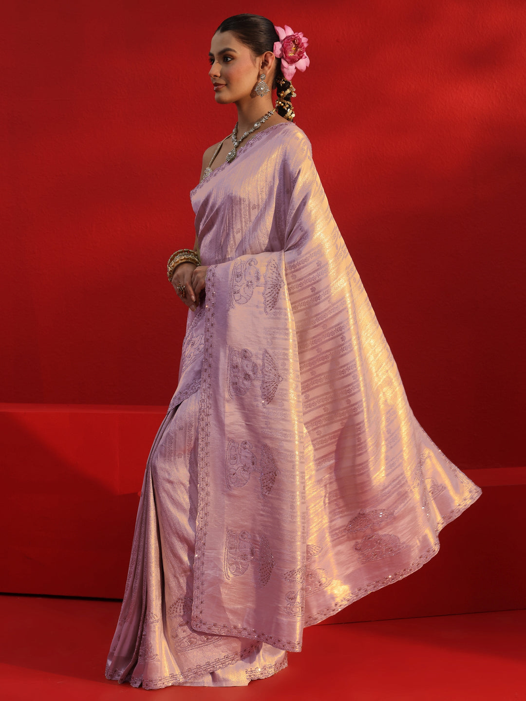 Libas Art Lavender Woven Design Silk Blend Saree with Embellished Border