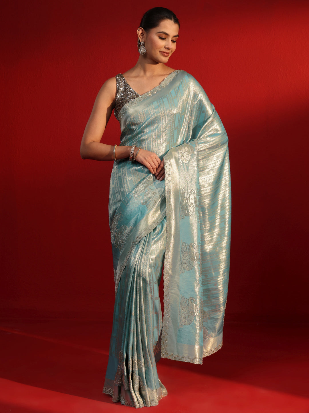 Libas Art Blue Woven Design Silk Blend Saree with Embellished Border