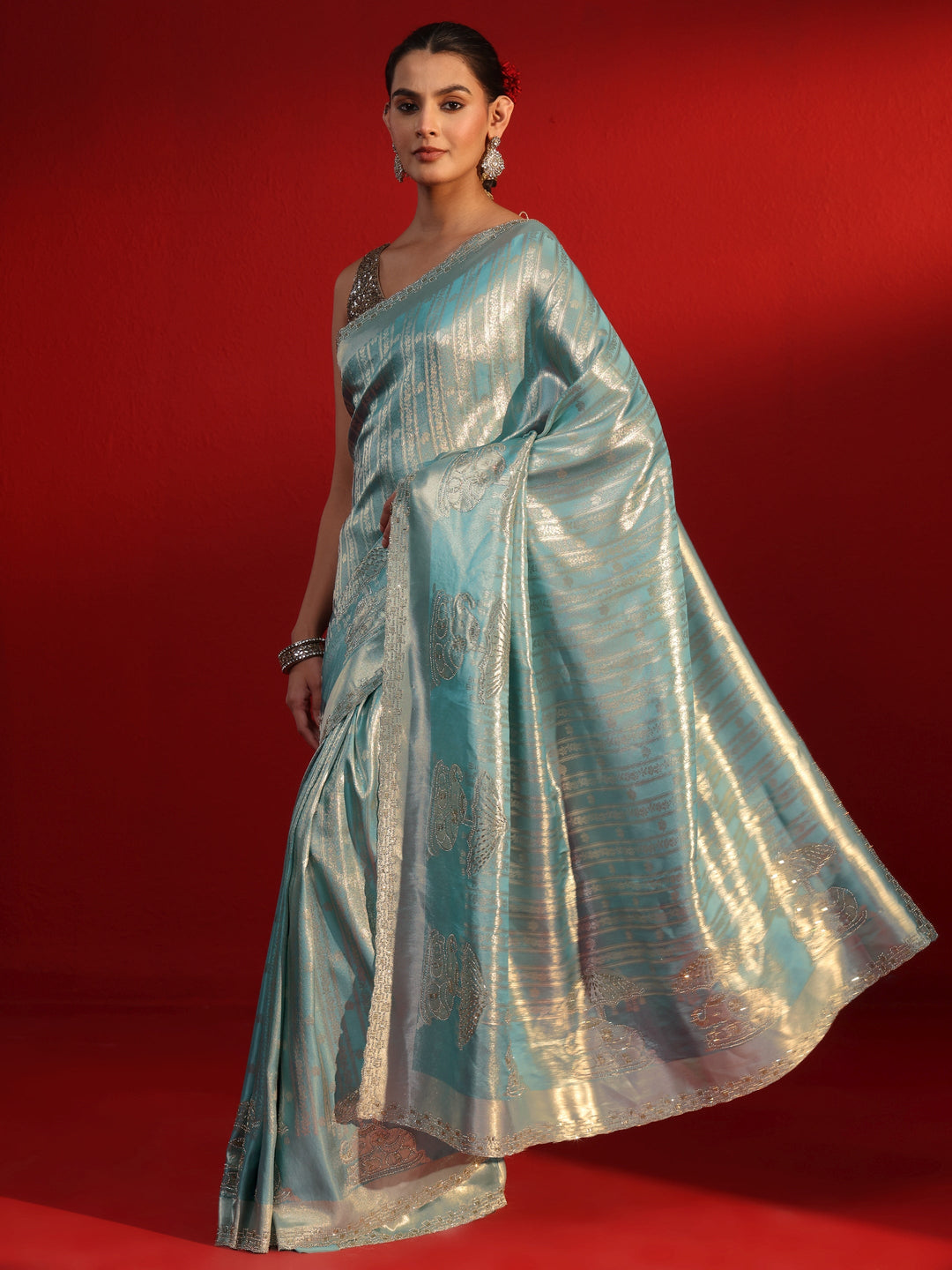 Libas Art Blue Woven Design Silk Blend Saree with Embellished Border