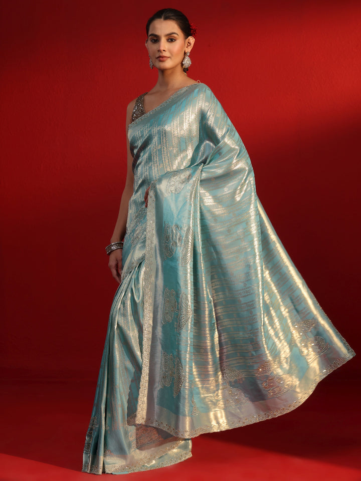Libas Art Blue Woven Design Silk Blend Saree with Embellished Border