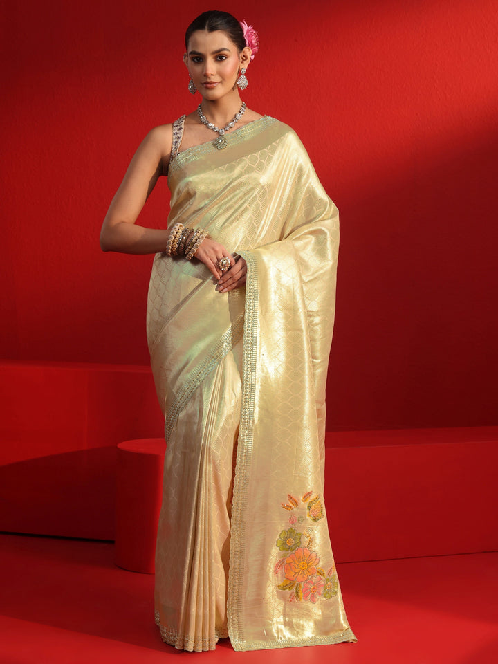 Libas Golden Woven Design Silk Blend Saree with Embellished Border