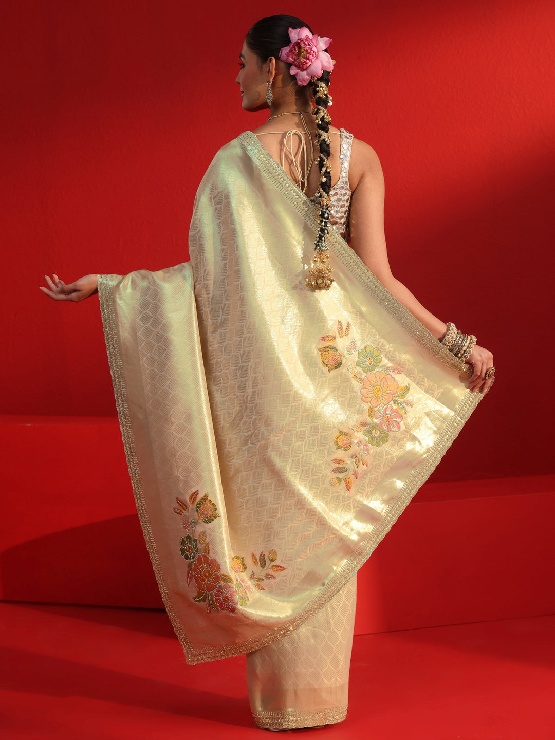 Libas Golden Woven Design Silk Blend Saree with Embellished Border