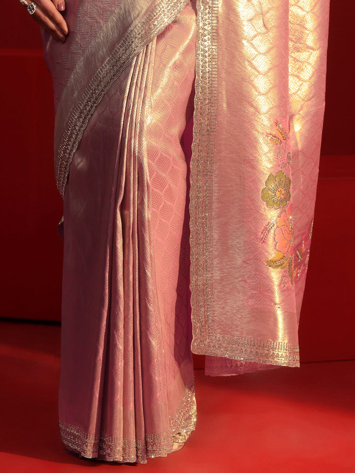 Libas Peach Woven Design Silk Blend Saree with Embellished Border