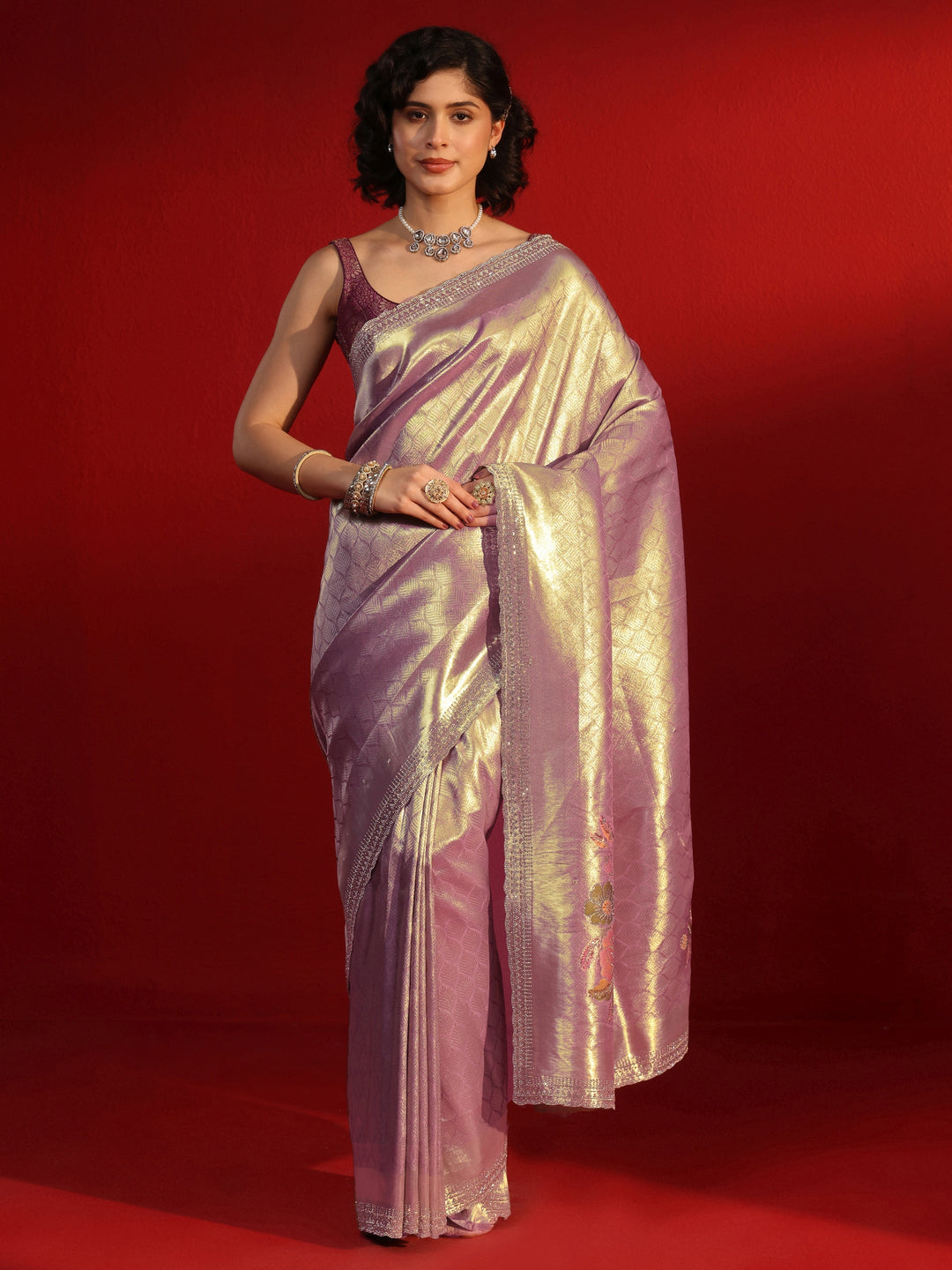 Libas Lavender Woven Design Silk Blend Saree with Embellished Border