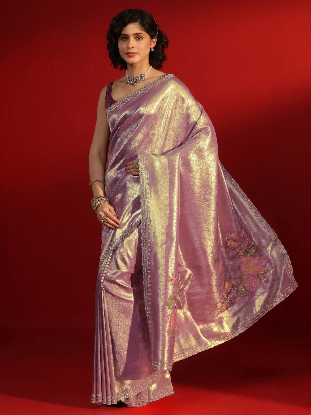 Libas Lavender Woven Design Silk Blend Saree with Embellished Border
