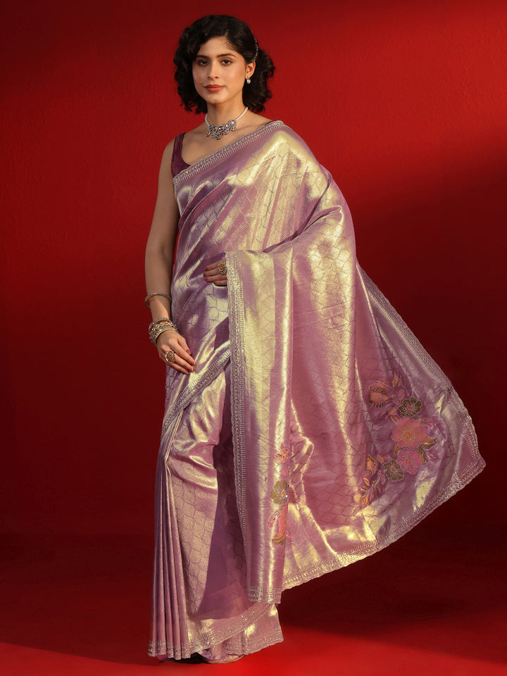 Libas Lavender Woven Design Silk Blend Saree with Embellished Border