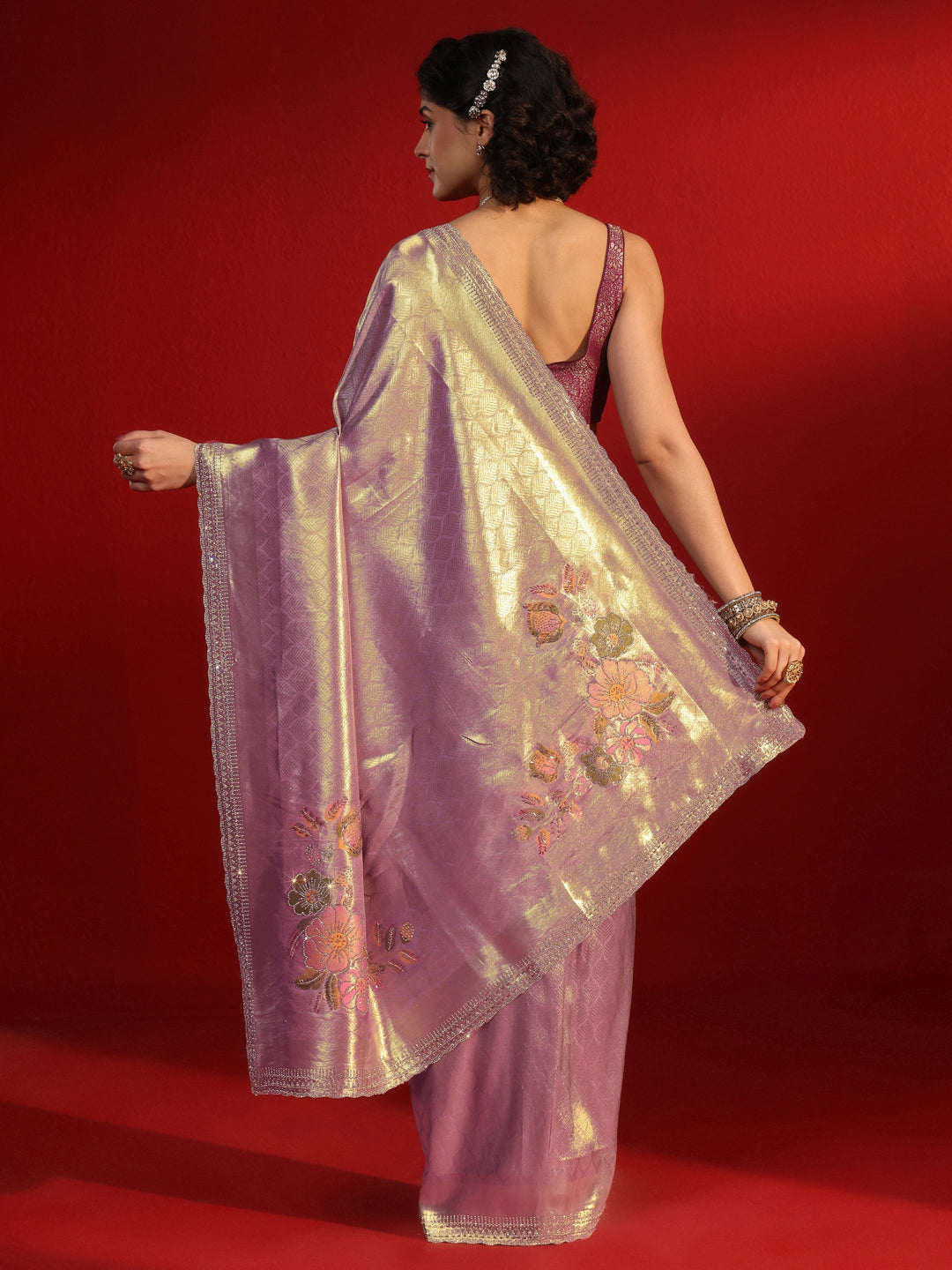 Libas Lavender Woven Design Silk Blend Saree with Embellished Border