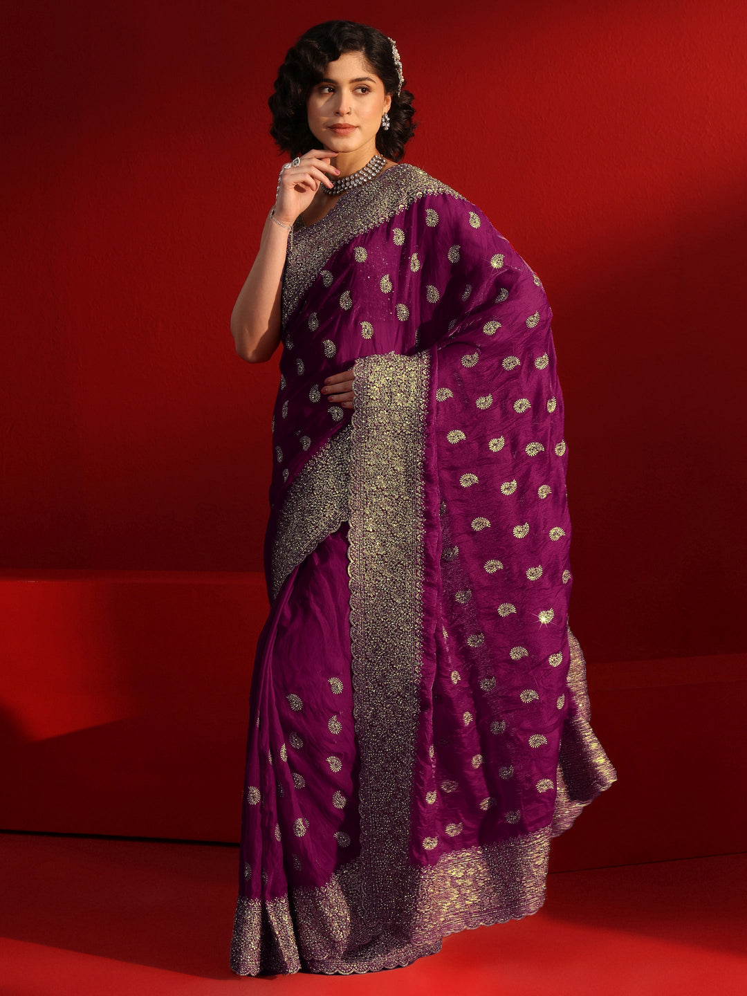 Libas Art Wine Stone Work Embellished Tissue Saree