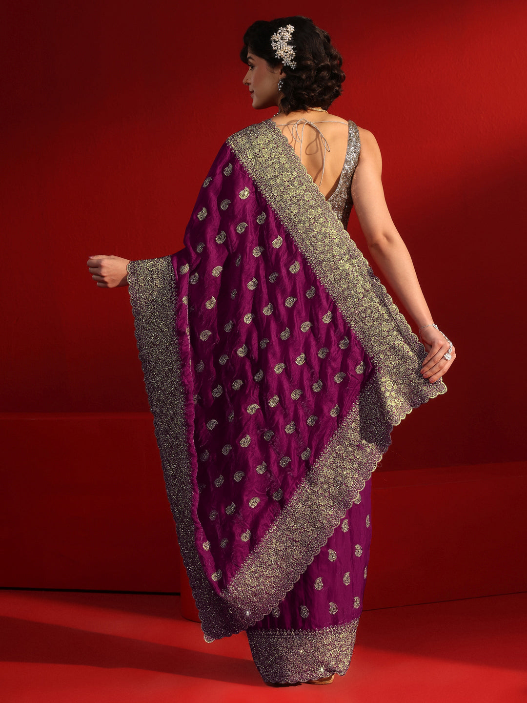 Libas Art Wine Stone Work Embellished Tissue Saree