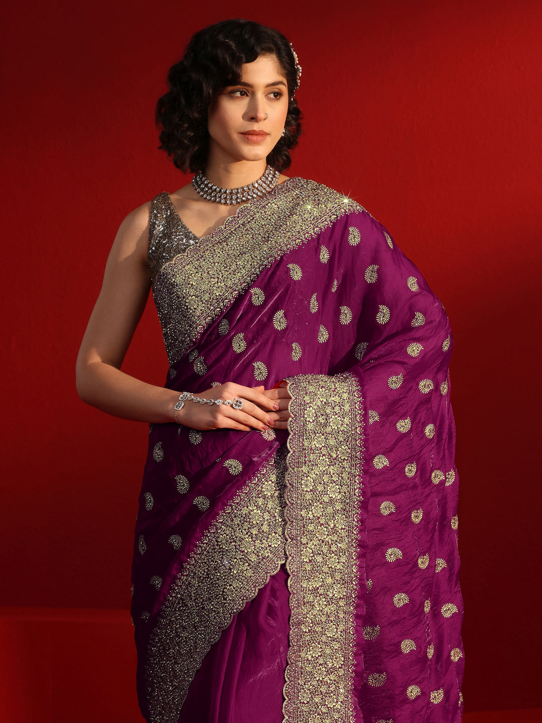 Libas Art Wine Stone Work Embellished Tissue Saree