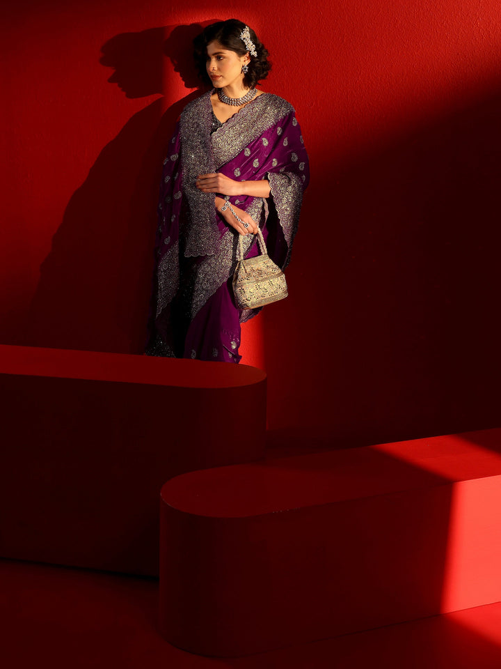 Libas Art Wine Stone Work Embellished Tissue Saree