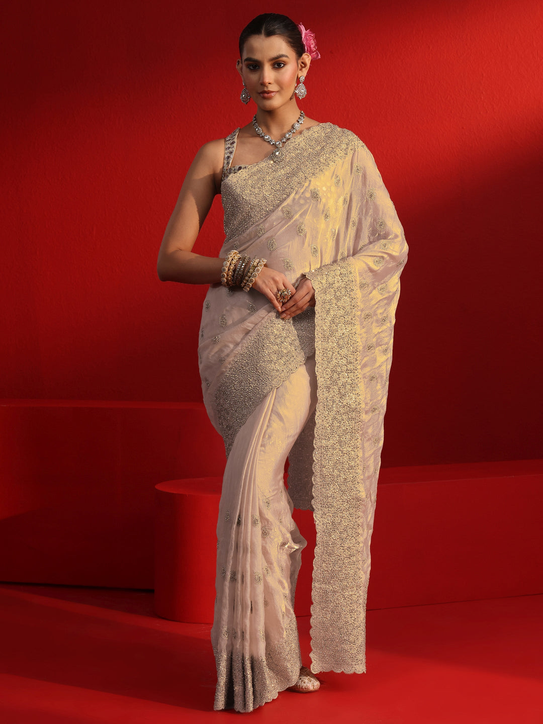 Libas Art Taupe Stone Work Embellished Tissue Saree