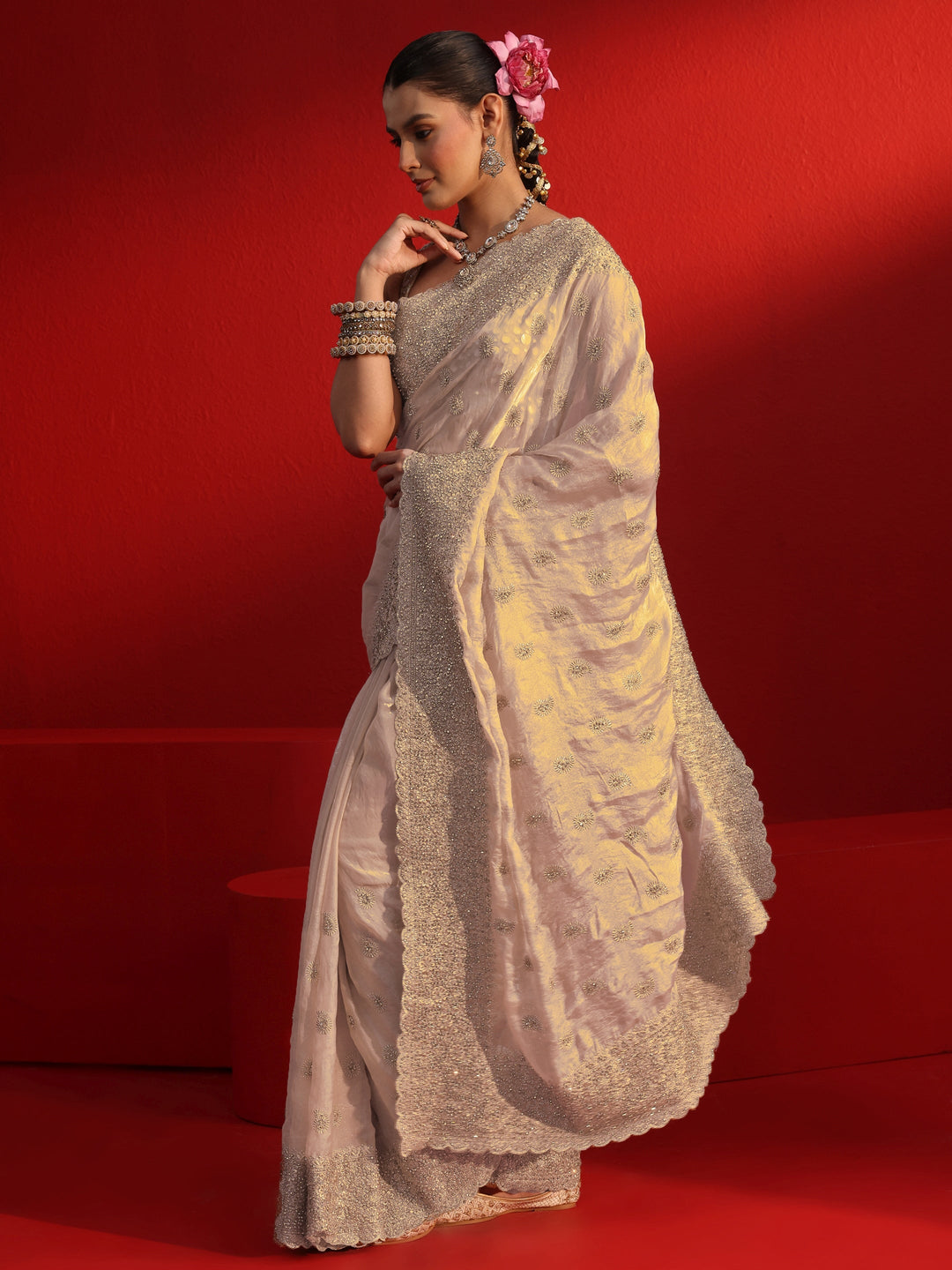 Libas Art Taupe Stone Work Embellished Tissue Saree