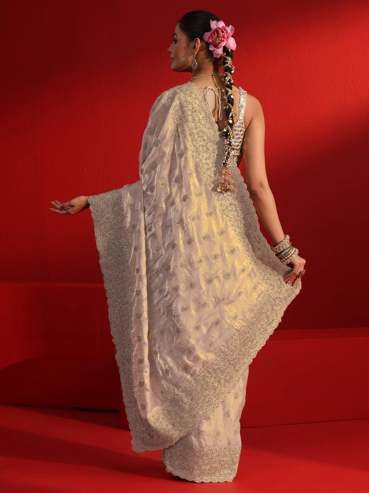 Libas Art Taupe Stone Work Embellished Tissue Saree