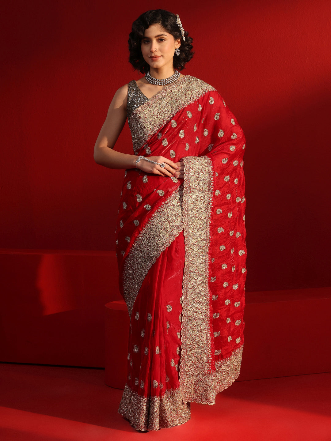 Libas Art Red Stone Work Embellished Tissue Saree