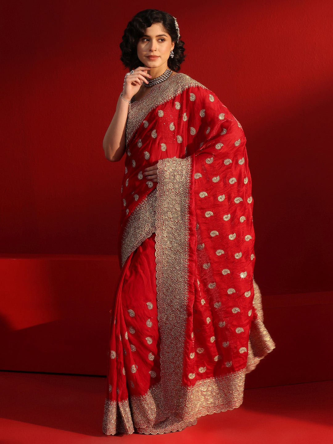 Libas Art Red Stone Work Embellished Tissue Saree