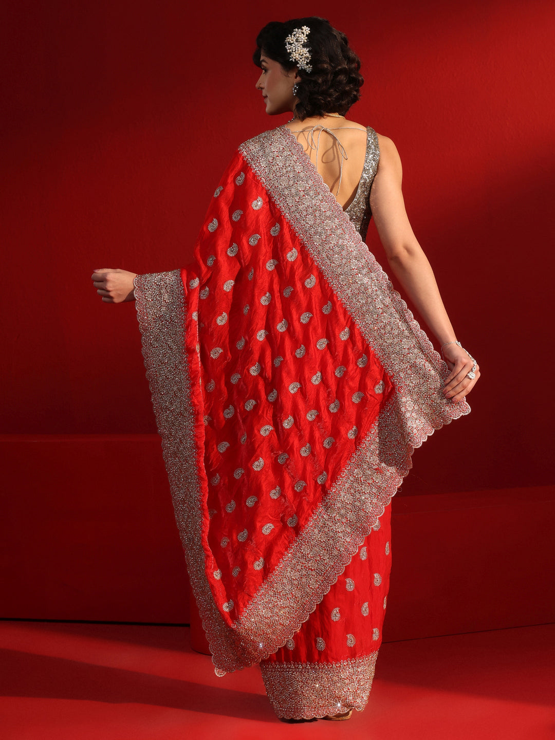 Libas Art Red Stone Work Embellished Tissue Saree